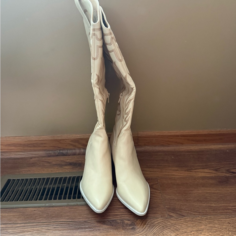 Cream Tall Western Boots